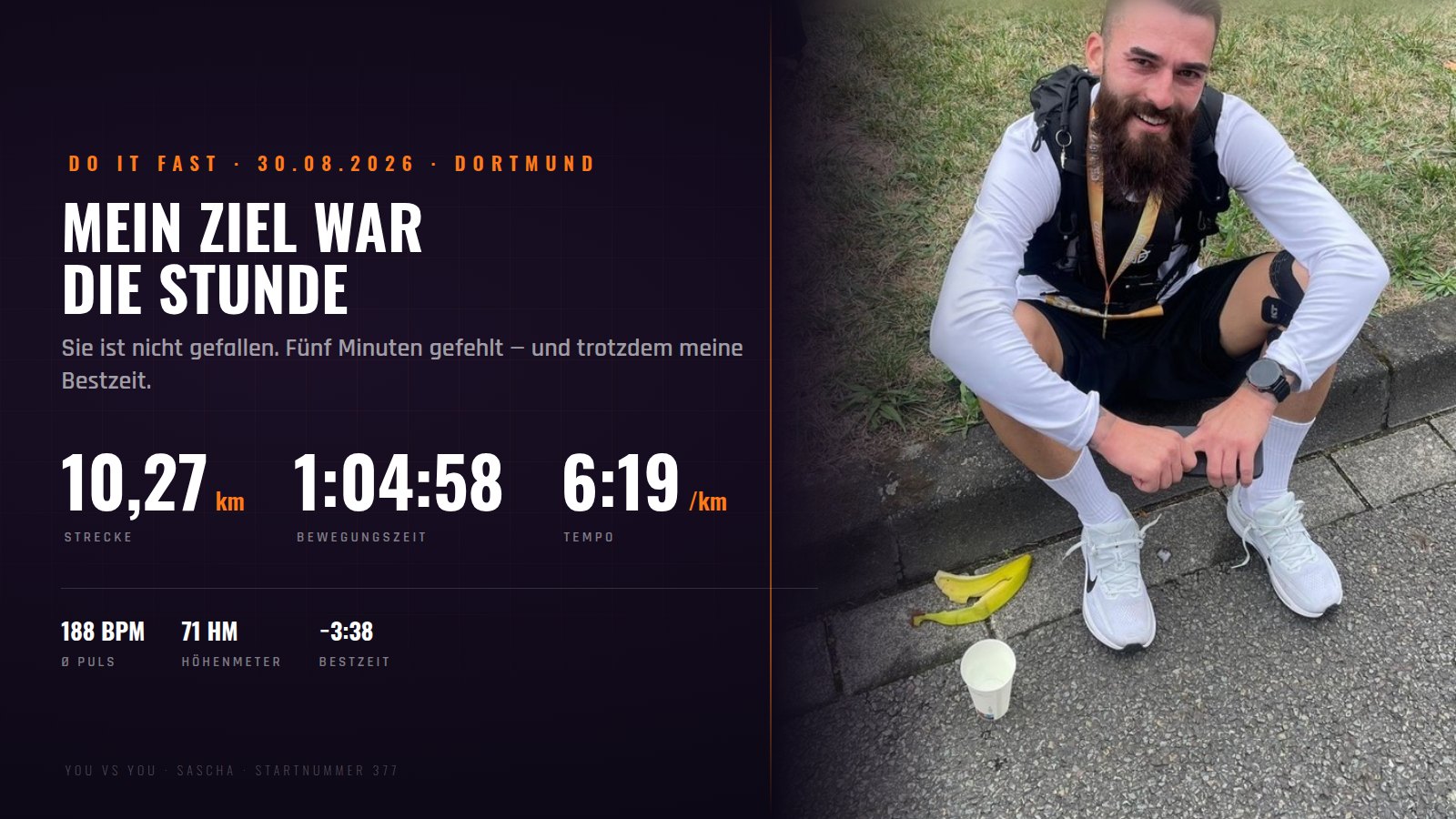 Karte: Sascha nach dem Zieleinlauf, daneben die Zahlen des Laufs